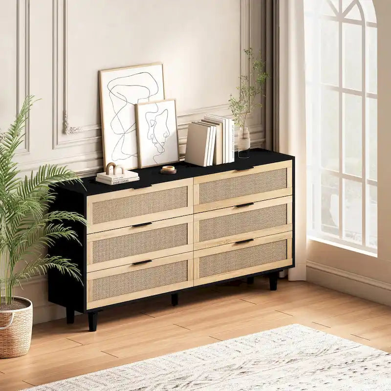 Meuble de rangement 6 tiroirs en rotin, Naturel/Noir, Style moderne, Chambre individuelle