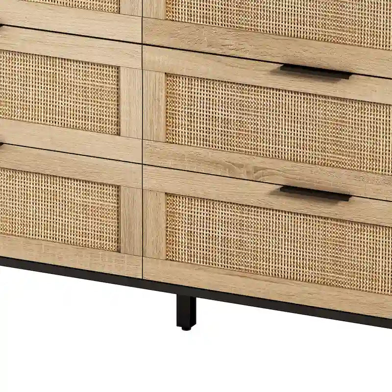 Meuble de rangement 6 tiroirs en rotin, Naturel/Noir, Style moderne, Chambre individuelle