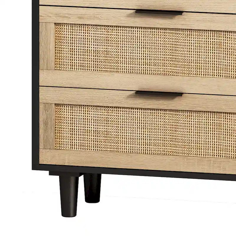 Meuble de rangement 6 tiroirs en rotin, Naturel/Noir, Style moderne, Chambre individuelle