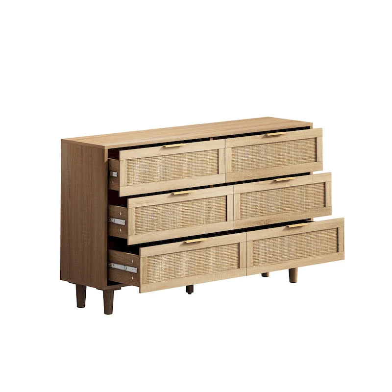 Meuble de rangement 6 tiroirs en rotin, Naturel/Noir, Style moderne, Chambre individuelle
