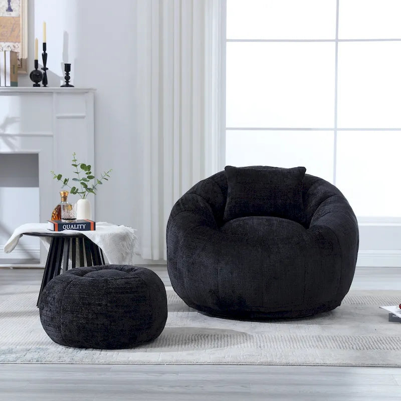 Fauteuil poire en chenille avec pouf et oreiller, Noir / Gris foncé / Gris / Bleu marine / Orange / Rose / Beige / Moutarde, 1 à 2 personnes