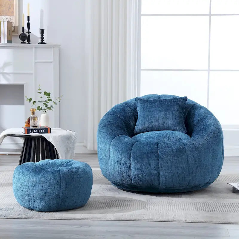Fauteuil poire en chenille avec pouf et oreiller, Noir / Gris foncé / Gris / Bleu marine / Orange / Rose / Beige / Moutarde, 1 à 2 personnes
