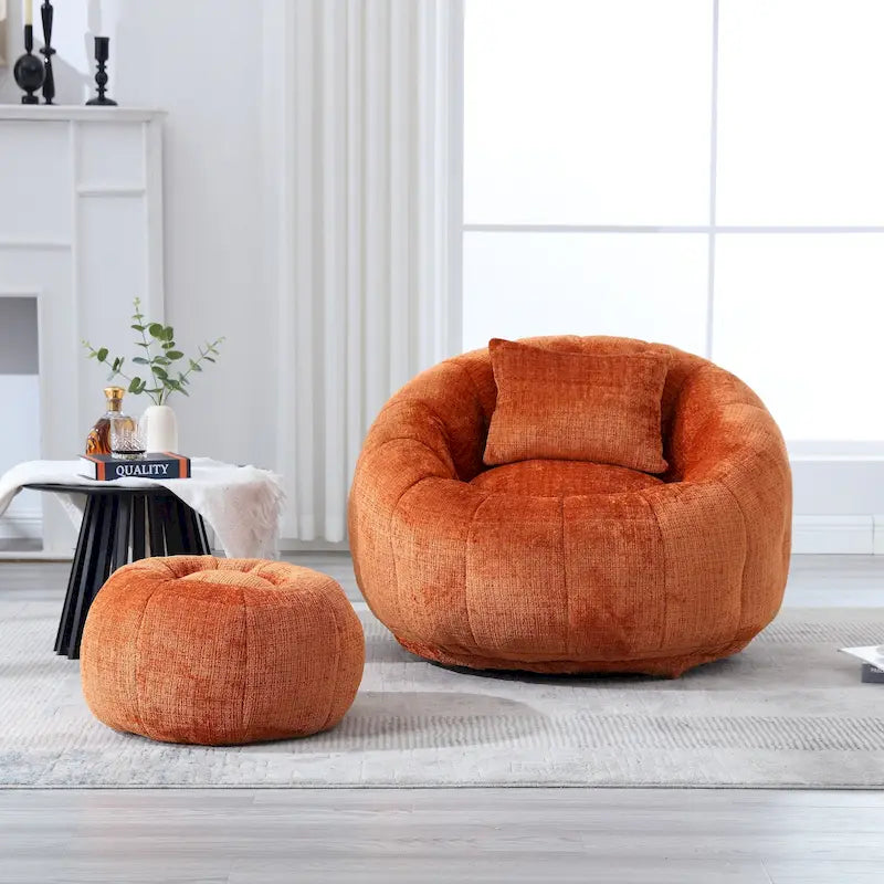 Fauteuil poire en chenille avec pouf et oreiller, Noir / Gris foncé / Gris / Bleu marine / Orange / Rose / Beige / Moutarde, 1 à 2 personnes