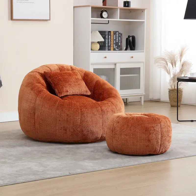 Fauteuil poire en chenille avec pouf et oreiller, Noir / Gris foncé / Gris / Bleu marine / Orange / Rose / Beige / Moutarde, 1 à 2 personnes