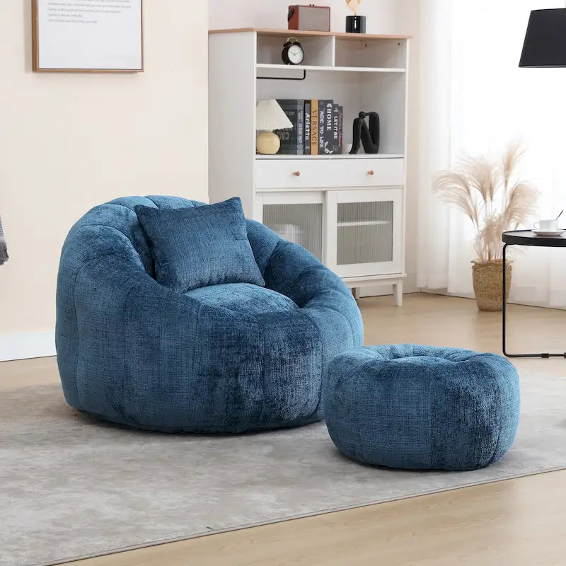 Fauteuil poire en chenille avec pouf et oreiller, Noir / Gris foncé / Gris / Bleu marine / Orange / Rose / Beige / Moutarde, 1 à 2 personnes