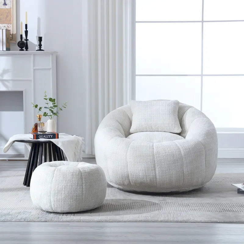Fauteuil poire en chenille avec pouf et oreiller, Noir / Gris foncé / Gris / Bleu marine / Orange / Rose / Beige / Moutarde, 1 à 2 personnes