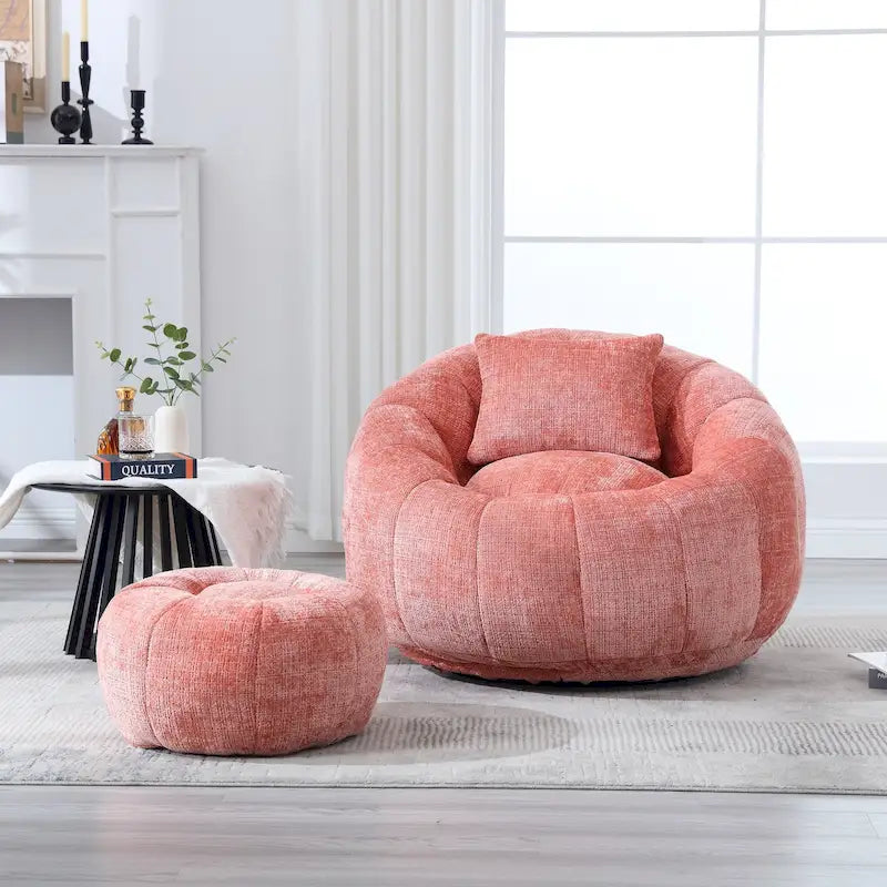 Fauteuil poire en chenille avec pouf et oreiller, Noir / Gris foncé / Gris / Bleu marine / Orange / Rose / Beige / Moutarde, 1 à 2 personnes