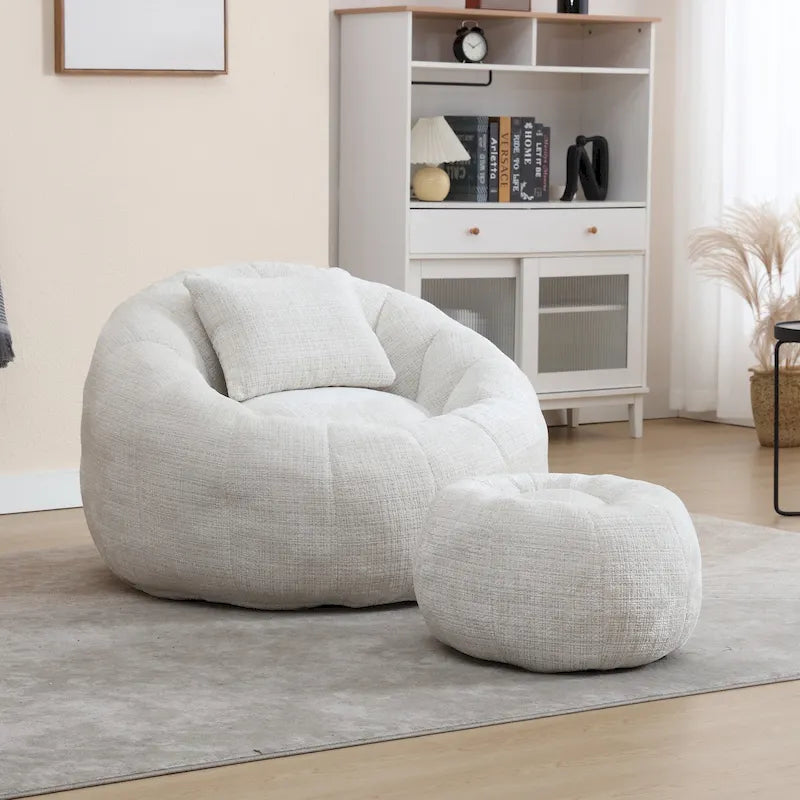 Fauteuil poire en chenille avec pouf et oreiller, Noir / Gris foncé / Gris / Bleu marine / Orange / Rose / Beige / Moutarde, 1 à 2 personnes