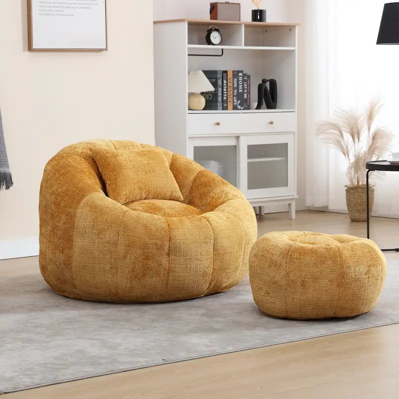 Fauteuil poire en chenille avec pouf et oreiller, Noir / Gris foncé / Gris / Bleu marine / Orange / Rose / Beige / Moutarde, 1 à 2 personnes