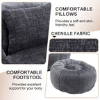 Fauteuil poire en chenille avec pouf et oreiller, Noir / Gris foncé / Gris / Bleu marine / Orange / Rose / Beige / Moutarde, 1 à 2 personnes