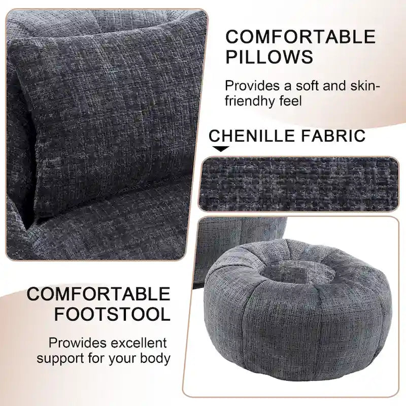 Fauteuil poire en chenille avec pouf et oreiller, Noir / Gris foncé / Gris / Bleu marine / Orange / Rose / Beige / Moutarde, 1 à 2 personnes