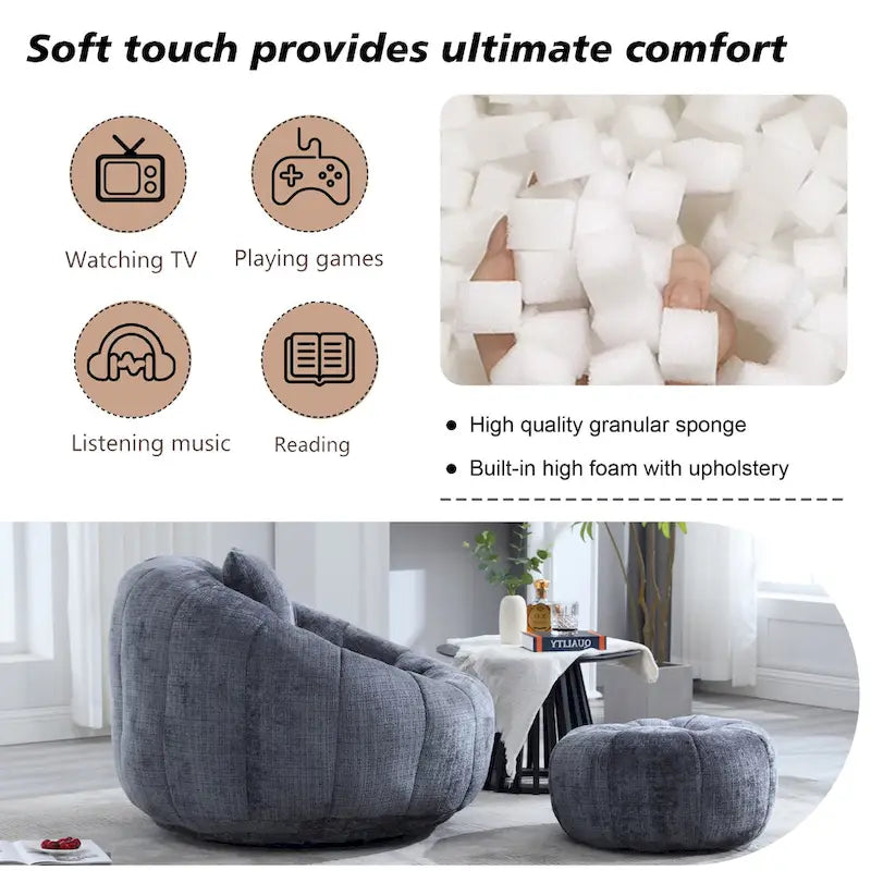 Fauteuil poire en chenille avec pouf et oreiller, Noir / Gris foncé / Gris / Bleu marine / Orange / Rose / Beige / Moutarde, 1 à 2 personnes
