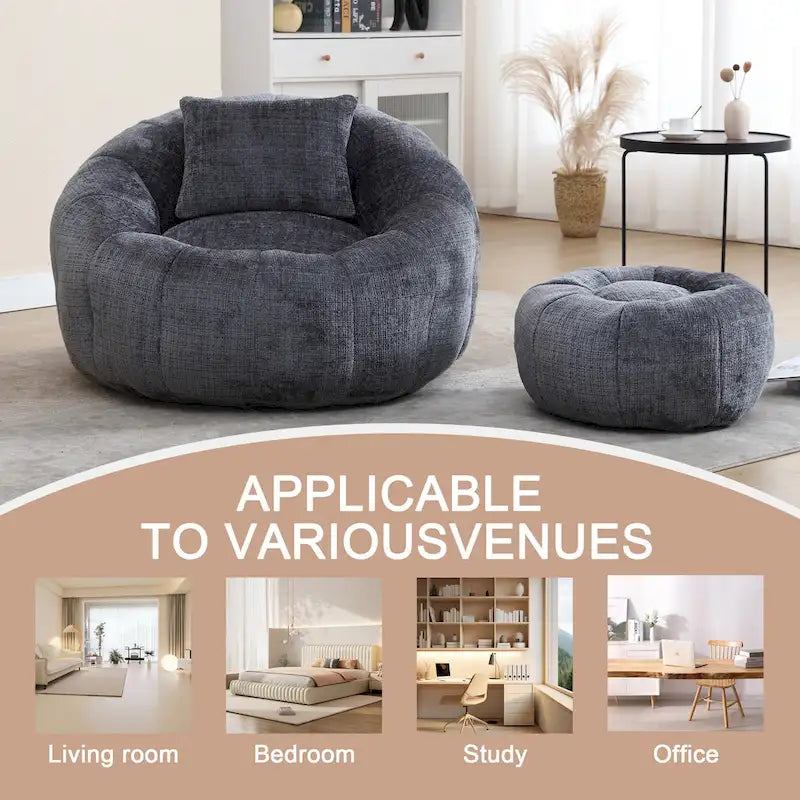 Fauteuil poire en chenille avec pouf et oreiller, Noir / Gris foncé / Gris / Bleu marine / Orange / Rose / Beige / Moutarde, 1 à 2 personnes