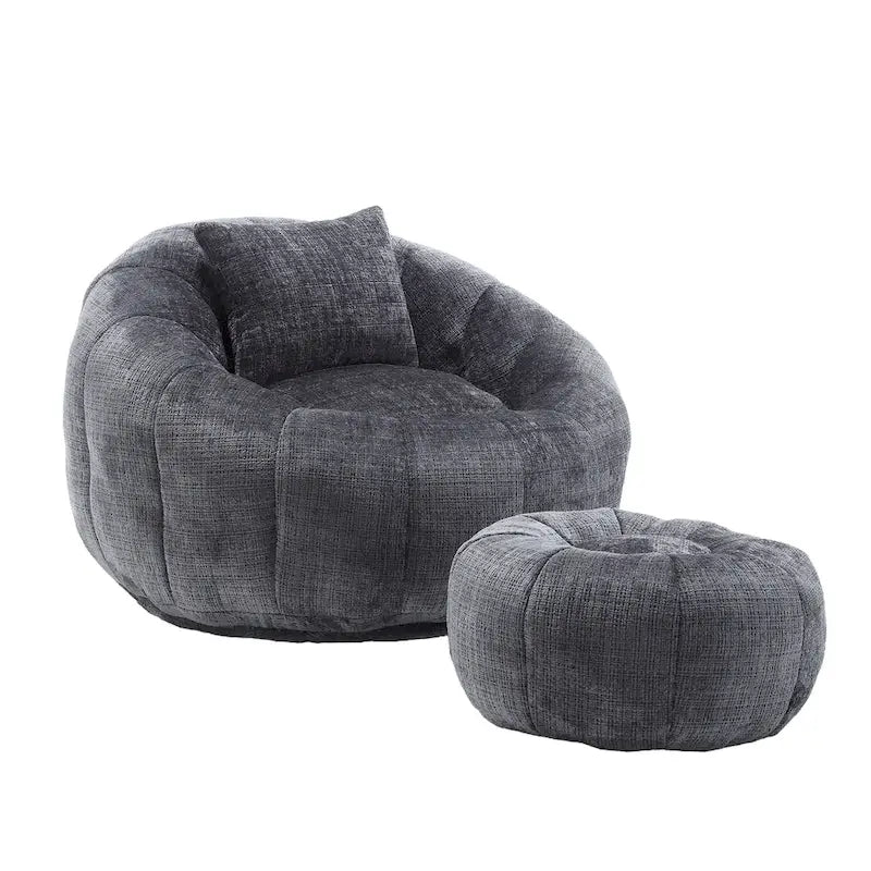Fauteuil poire en chenille avec pouf et oreiller, Noir / Gris foncé / Gris / Bleu marine / Orange / Rose / Beige / Moutarde, 1 à 2 personnes