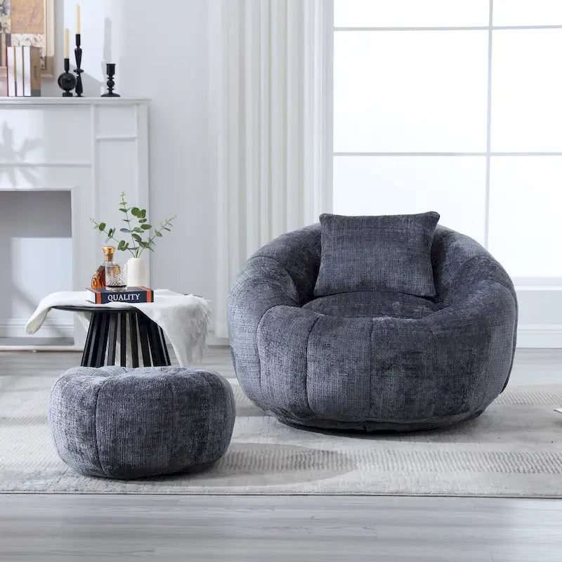 Fauteuil poire en chenille avec pouf et oreiller, Noir / Gris foncé / Gris / Bleu marine / Orange / Rose / Beige / Moutarde, 1 à 2 personnes