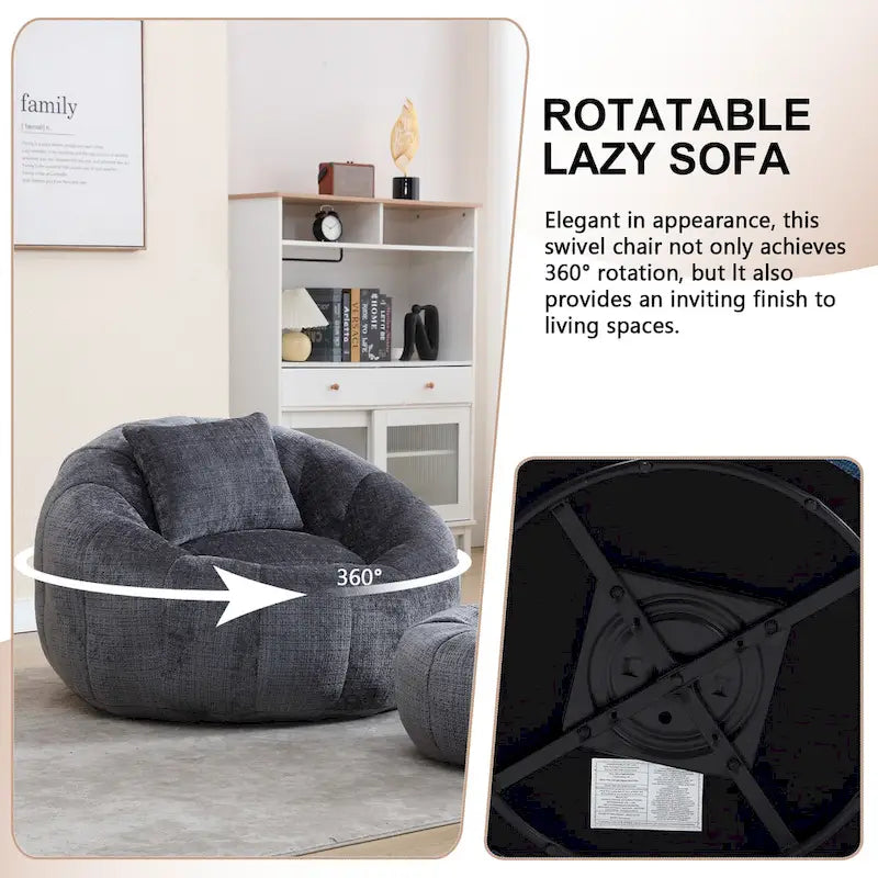 Fauteuil poire en chenille avec pouf et oreiller, Noir / Gris foncé / Gris / Bleu marine / Orange / Rose / Beige / Moutarde, 1 à 2 personnes