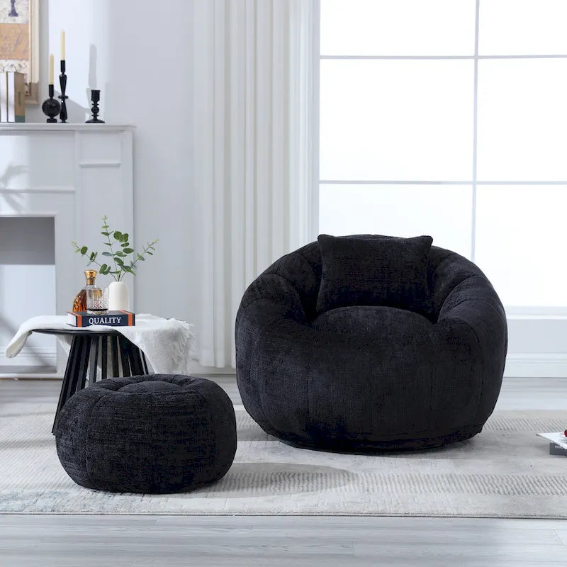 Fauteuil poire en chenille avec pouf et oreiller, Noir / Gris foncé / Gris / Bleu marine / Orange / Rose / Beige / Moutarde, 1 à 2 personnes