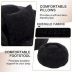 Fauteuil poire en chenille avec pouf et oreiller, Noir / Gris foncé / Gris / Bleu marine / Orange / Rose / Beige / Moutarde, 1 à 2 personnes