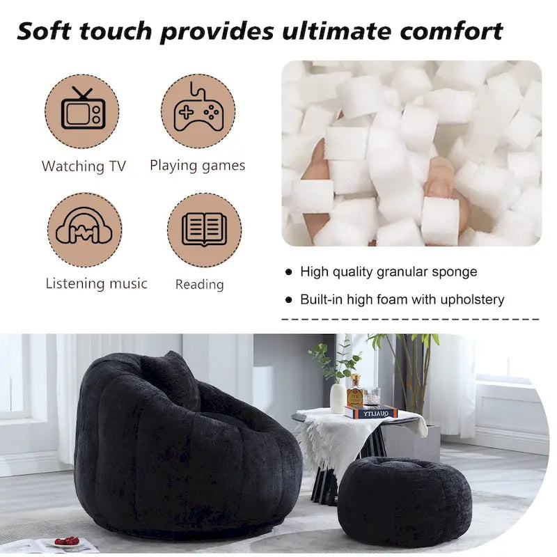 Fauteuil poire en chenille avec pouf et oreiller, Noir / Gris foncé / Gris / Bleu marine / Orange / Rose / Beige / Moutarde, 1 à 2 personnes
