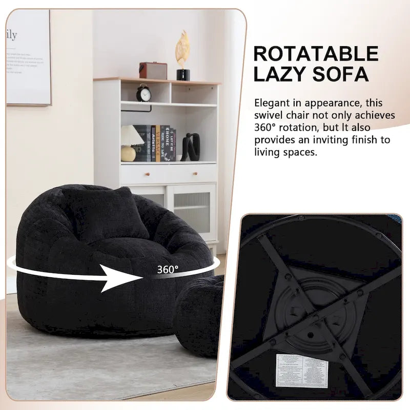 Fauteuil poire en chenille avec pouf et oreiller, Noir / Gris foncé / Gris / Bleu marine / Orange / Rose / Beige / Moutarde, 1 à 2 personnes