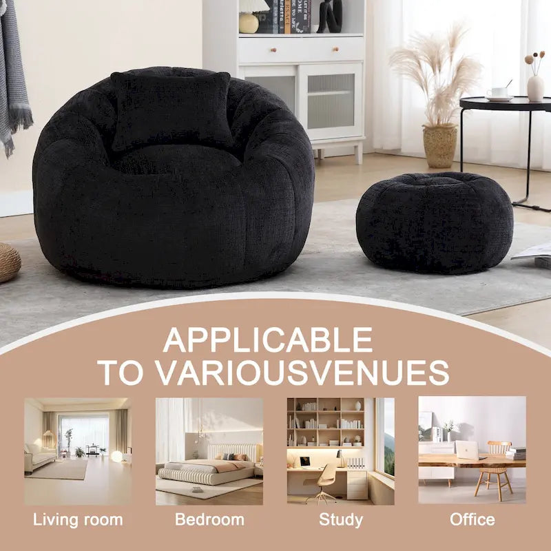 Fauteuil poire en chenille avec pouf et oreiller, Noir / Gris foncé / Gris / Bleu marine / Orange / Rose / Beige / Moutarde, 1 à 2 personnes