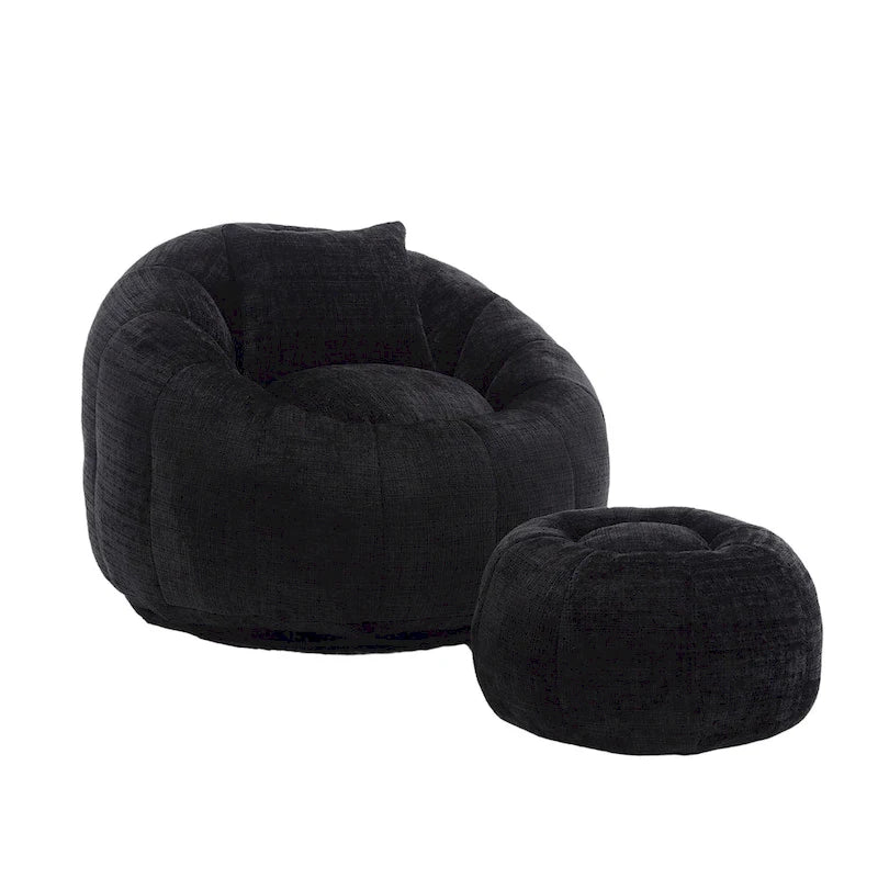 Fauteuil poire en chenille avec pouf et oreiller, Noir / Gris foncé / Gris / Bleu marine / Orange / Rose / Beige / Moutarde, 1 à 2 personnes