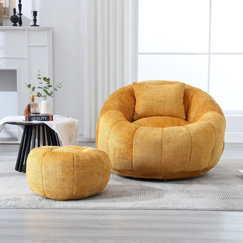 Fauteuil poire en chenille avec pouf et oreiller, Noir / Gris foncé / Gris / Bleu marine / Orange / Rose / Beige / Moutarde, 1 à 2 personnes