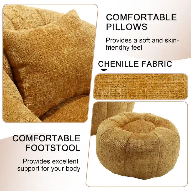 Fauteuil poire en chenille avec pouf et oreiller, Noir / Gris foncé / Gris / Bleu marine / Orange / Rose / Beige / Moutarde, 1 à 2 personnes