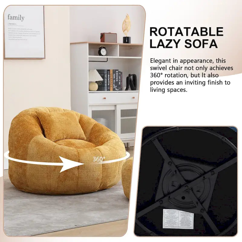 Fauteuil poire en chenille avec pouf et oreiller, Noir / Gris foncé / Gris / Bleu marine / Orange / Rose / Beige / Moutarde, 1 à 2 personnes