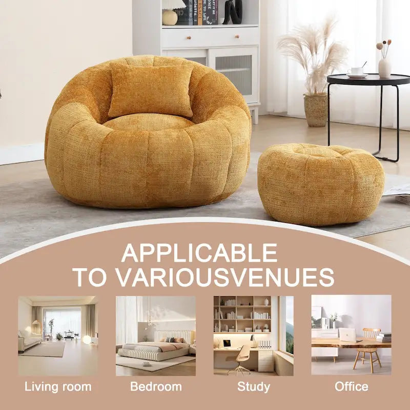 Fauteuil poire en chenille avec pouf et oreiller, Noir / Gris foncé / Gris / Bleu marine / Orange / Rose / Beige / Moutarde, 1 à 2 personnes