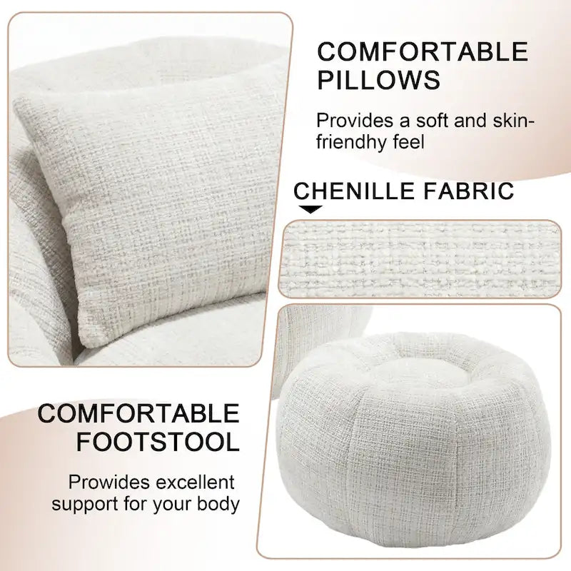 Fauteuil poire en chenille avec pouf et oreiller, Noir / Gris foncé / Gris / Bleu marine / Orange / Rose / Beige / Moutarde, 1 à 2 personnes