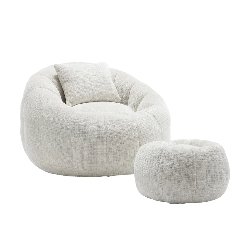Fauteuil poire en chenille avec pouf et oreiller, Noir / Gris foncé / Gris / Bleu marine / Orange / Rose / Beige / Moutarde, 1 à 2 personnes