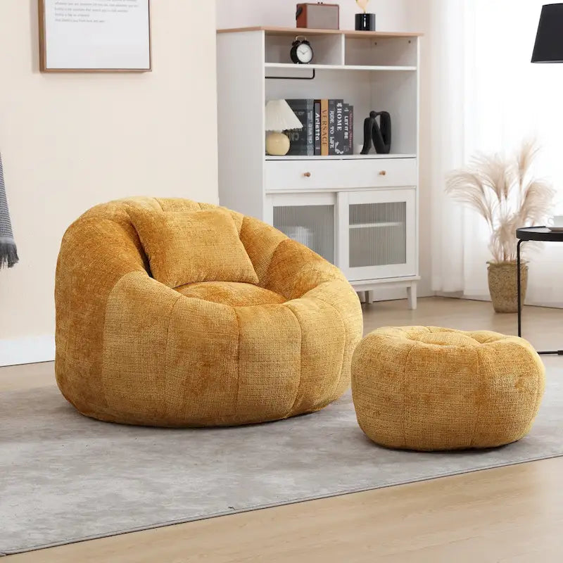 Fauteuil poire en chenille avec pouf et oreiller, Noir / Gris foncé / Gris / Bleu marine / Orange / Rose / Beige / Moutarde, 1 à 2 personnes