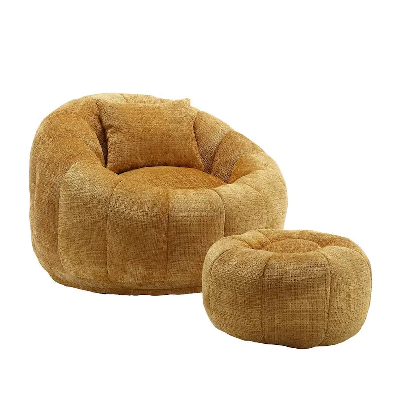 Fauteuil poire en chenille avec pouf et oreiller, Noir / Gris foncé / Gris / Bleu marine / Orange / Rose / Beige / Moutarde, 1 à 2 personnes