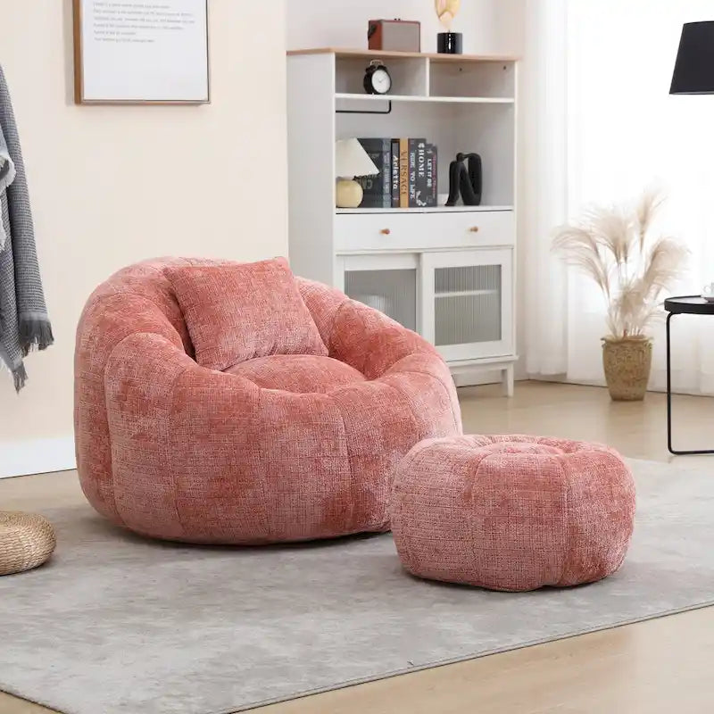 Fauteuil poire en chenille avec pouf et oreiller, Noir / Gris foncé / Gris / Bleu marine / Orange / Rose / Beige / Moutarde, 1 à 2 personnes