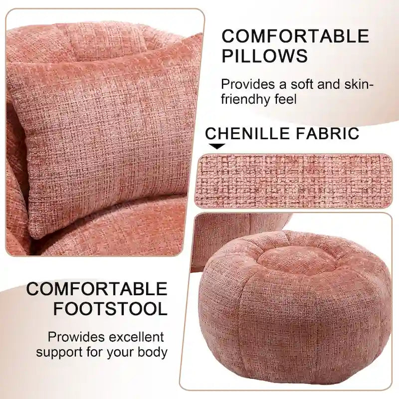 Fauteuil poire en chenille avec pouf et oreiller, Noir / Gris foncé / Gris / Bleu marine / Orange / Rose / Beige / Moutarde, 1 à 2 personnes