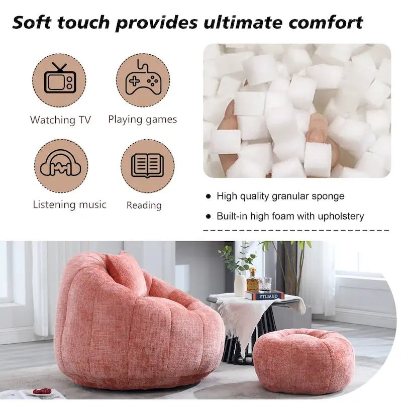 Fauteuil poire en chenille avec pouf et oreiller, Noir / Gris foncé / Gris / Bleu marine / Orange / Rose / Beige / Moutarde, 1 à 2 personnes