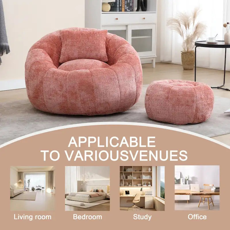 Fauteuil poire en chenille avec pouf et oreiller, Noir / Gris foncé / Gris / Bleu marine / Orange / Rose / Beige / Moutarde, 1 à 2 personnes