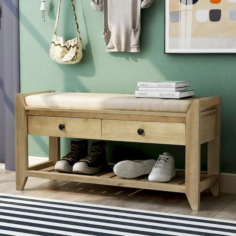 Banc de rangement d'entrée en pin avec tiroirs, Gris délavé / Blanc / Vieux pin / Bleu / Espresso, 1-2 personnes