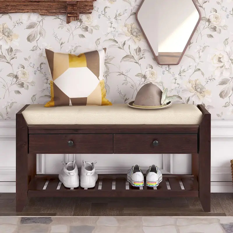 Banc de rangement d'entrée en pin avec tiroirs, Gris délavé / Blanc / Vieux pin / Bleu / Espresso, 1-2 personnes