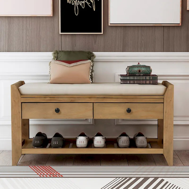 Banc de rangement d'entrée en pin avec tiroirs, Gris délavé / Blanc / Vieux pin / Bleu / Espresso, 1-2 personnes