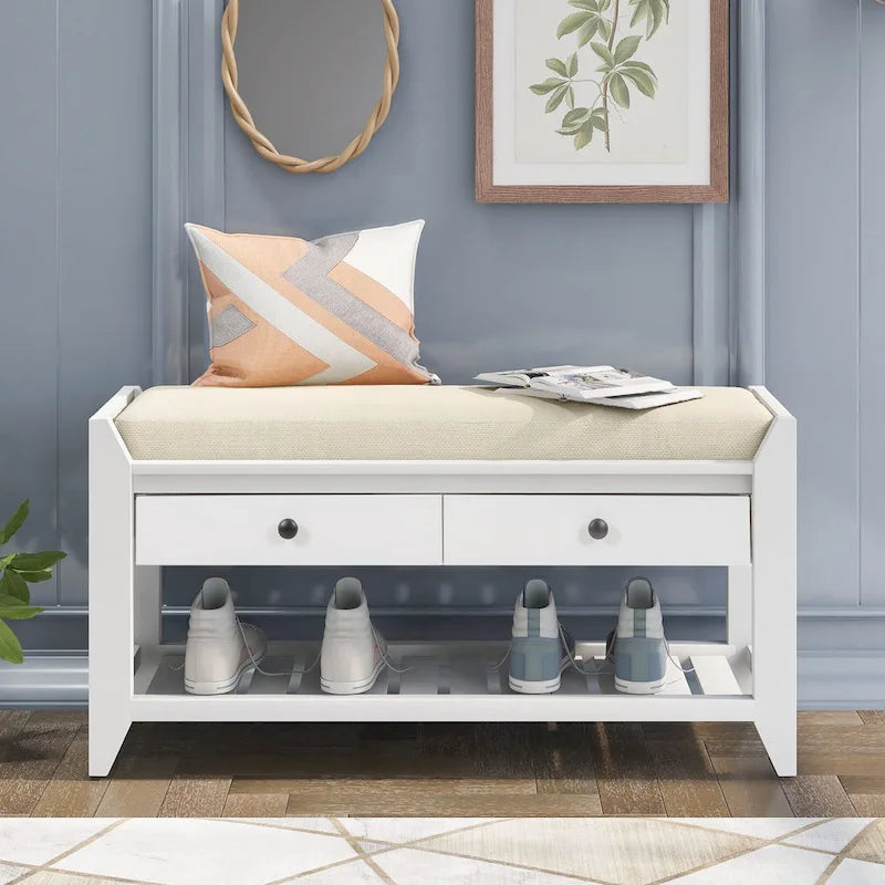 Banc de rangement d'entrée en pin avec tiroirs, Gris délavé / Blanc / Vieux pin / Bleu / Espresso, 1-2 personnes