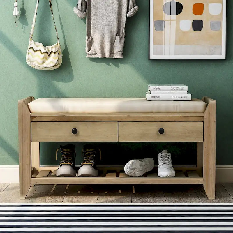 Banc de rangement d'entrée en pin avec tiroirs, Gris délavé / Blanc / Vieux pin / Bleu / Espresso, 1-2 personnes