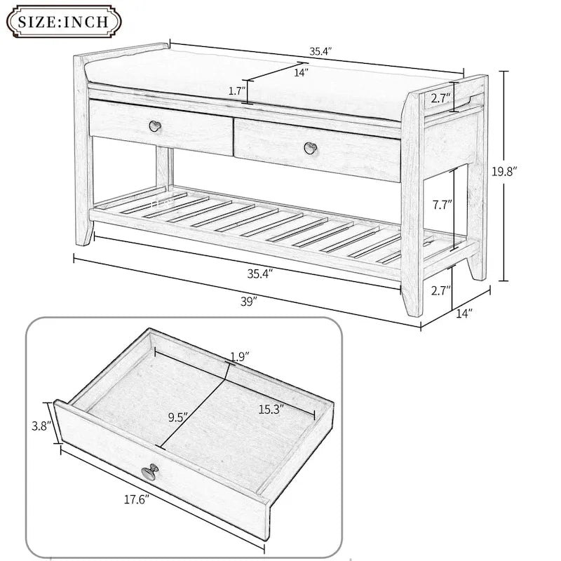 Banc de rangement d'entrée en pin avec tiroirs, Gris délavé / Blanc / Vieux pin / Bleu / Espresso, 1-2 personnes
