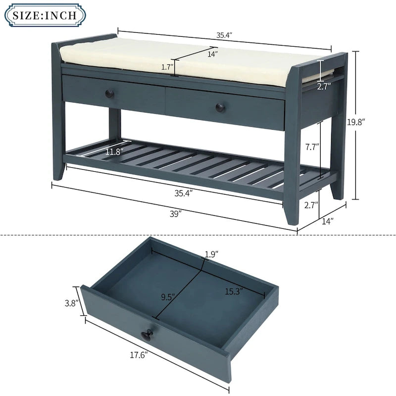 Banc de rangement d'entrée en pin avec tiroirs, Gris délavé / Blanc / Vieux pin / Bleu / Espresso, 1-2 personnes