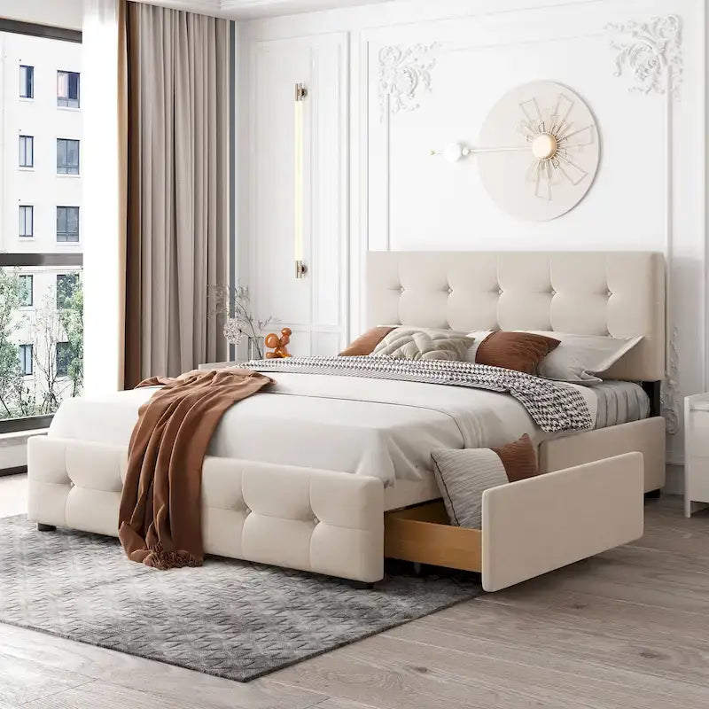 Lit plateforme capitonné avec 4 tiroirs de rangement, beige / gris / blanc, lin, queen, 2 personnes