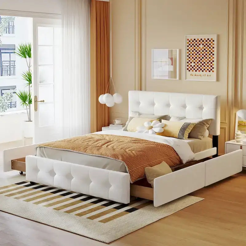 Lit plateforme capitonné avec 4 tiroirs de rangement, beige / gris / blanc, lin, queen, 2 personnes
