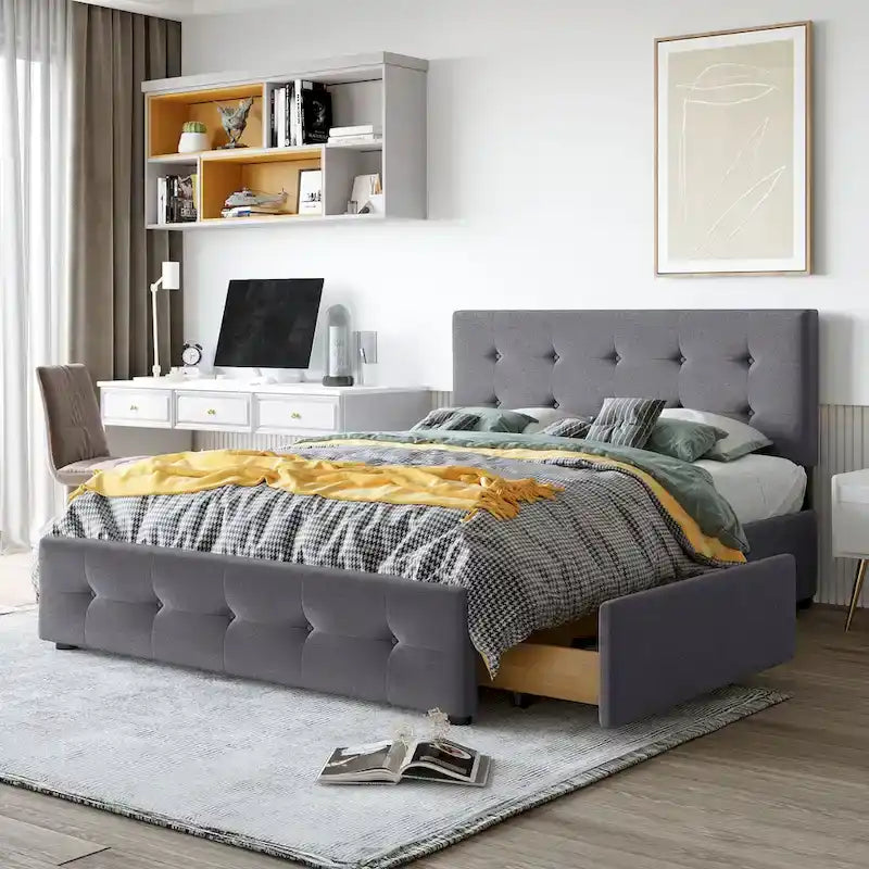 Lit plateforme capitonné avec 4 tiroirs de rangement, beige / gris / blanc, lin, queen, 2 personnes