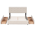 Lit plateforme capitonné avec 4 tiroirs de rangement, beige / gris / blanc, lin, queen, 2 personnes