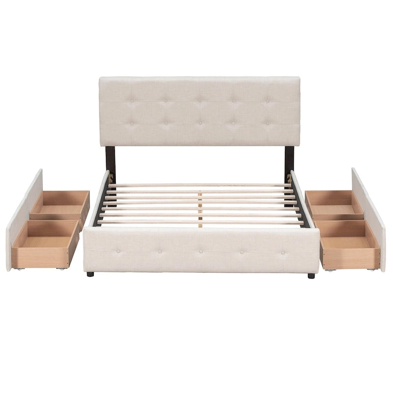 Lit plateforme capitonné avec 4 tiroirs de rangement, beige / gris / blanc, lin, queen, 2 personnes